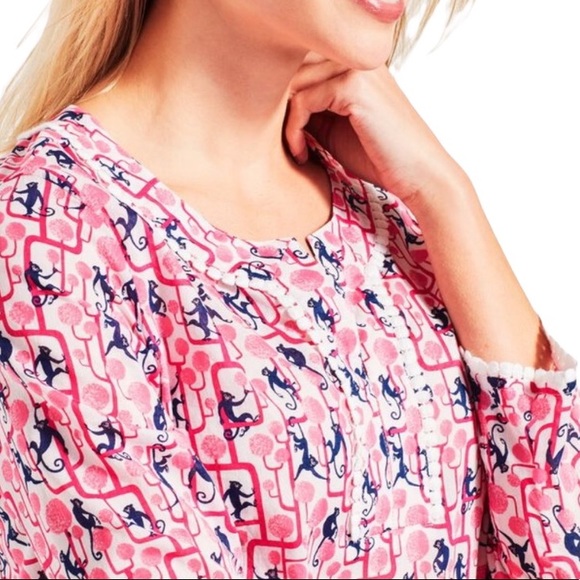 Talbots Monkey Print Pink and Navy Blue Tunic Top - M - Picture 2 of 15